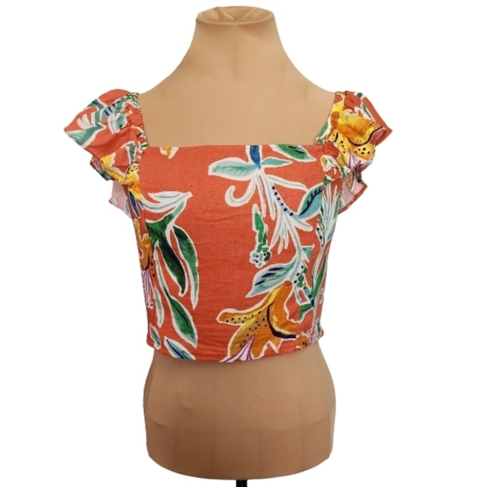 Rachel Rachel Roy Linen Blend Orange Floral Smocked Crop Top Medium